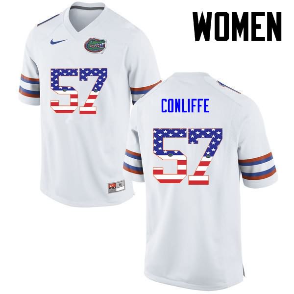 Women's NCAA Florida Gators Elijah Conliffe #57 Stitched Authentic USA Flag Fashion Nike White College Football Jersey JHG2165LD